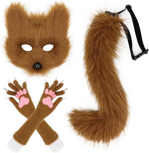 SMILETERNITY Faux Fur Animal Cat Fox Mask Wolf Tail and Long Paw Gloves Set for Halloween Party Costume Accessories in Saudi Arabia