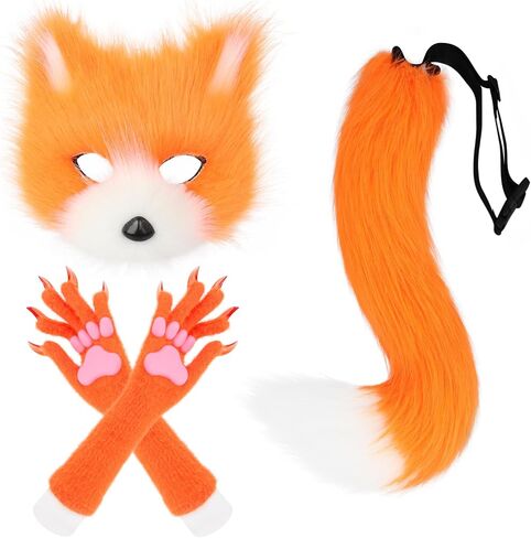 SMILETERNITY Faux Fur Animal Cat Fox Mask Wolf Tail and Long Paw Gloves Set for Halloween Party Costume Accessories in Saudi Arabia