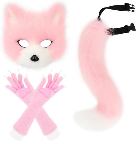 SMILETERNITY Faux Fur Animal Cat Fox Mask Wolf Tail and Long Paw Gloves Set for Halloween Party Costume Accessories in Saudi Arabia