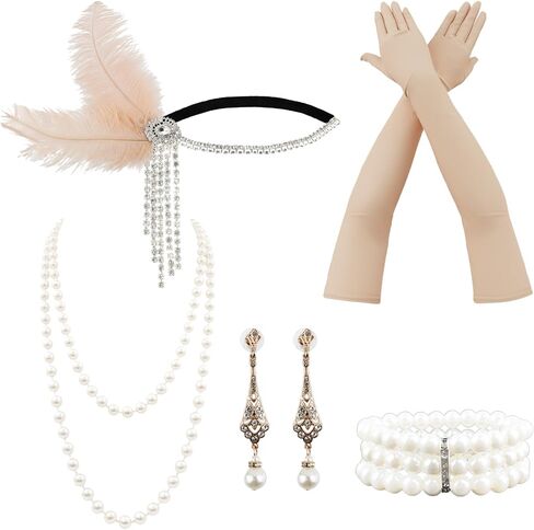 7Pcs 1920s Flapper Costume Headband Set with Feathers, Vintage 1920s Great Gatsby Party Supplies for Women, Roaring Twenties Fancy Dress Headpieces, Deco Accessories for Halloween Jazz(Beige) in Saudi Arabia