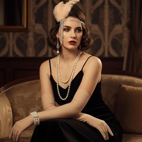 7Pcs 1920s Flapper Costume Headband Set with Feathers, Vintage 1920s Great Gatsby Party Supplies for Women, Roaring Twenties Fancy Dress Headpieces, Deco Accessories for Halloween Jazz(Beige) in Saudi Arabia