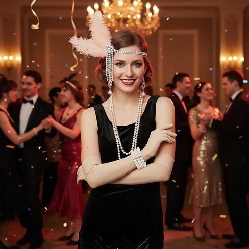 7Pcs 1920s Flapper Costume Headband Set with Feathers, Vintage 1920s Great Gatsby Party Supplies for Women, Roaring Twenties Fancy Dress Headpieces, Deco Accessories for Halloween Jazz(Beige) in Saudi Arabia