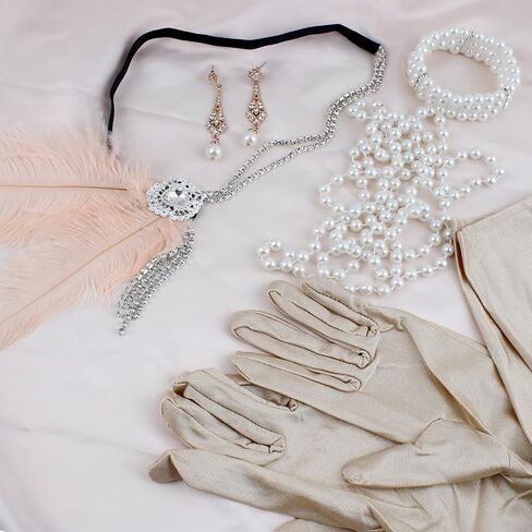 7Pcs 1920s Flapper Costume Headband Set with Feathers, Vintage 1920s Great Gatsby Party Supplies for Women, Roaring Twenties Fancy Dress Headpieces, Deco Accessories for Halloween Jazz(Beige) in Saudi Arabia