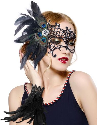 Zinniday Masquerade Mask with Feather Gloves - 2 Pcs Feathers Costume Accessories Set for Women Cosplay Carnival Party in Saudi Arabia