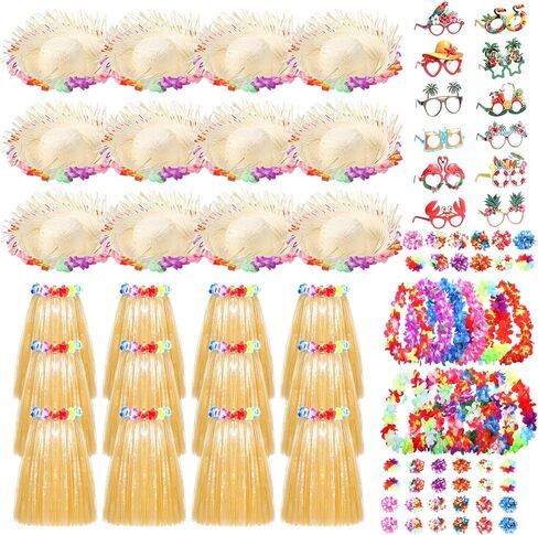 84 Pcs Hawaiian Luau Party Decorations Puerto Rico Straw Hats Hula Skirts Leis Necklaces and Glasses for Beach Party in Saudi Arabia