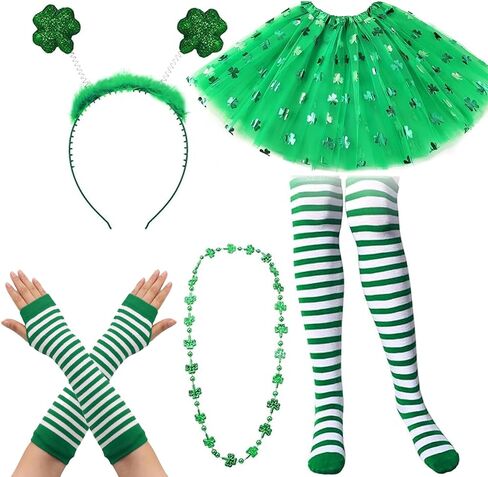 St Patricks Day Costume Set for Women,4 Pcs Leprechaun Outfit with Shamrock Headband,Sequin 3 Layered Tulle Tutu Skirt,Arm Warmer Gloves,Striped Socks&Clover Necklace - St. Patrick's Day Accessories in Saudi Arabia