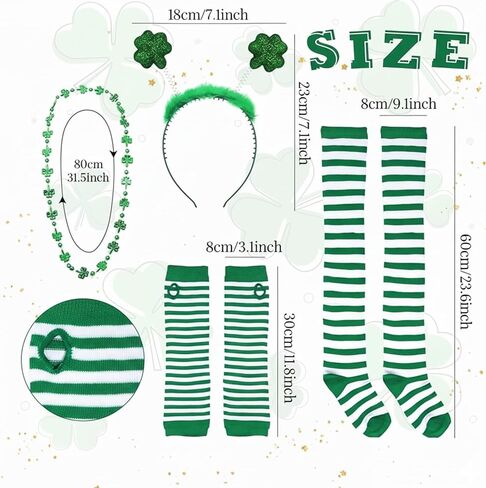 St Patricks Day Costume Set for Women,4 Pcs Leprechaun Outfit with Shamrock Headband,Sequin 3 Layered Tulle Tutu Skirt,Arm Warmer Gloves,Striped Socks&Clover Necklace - St. Patrick's Day Accessories in Saudi Arabia