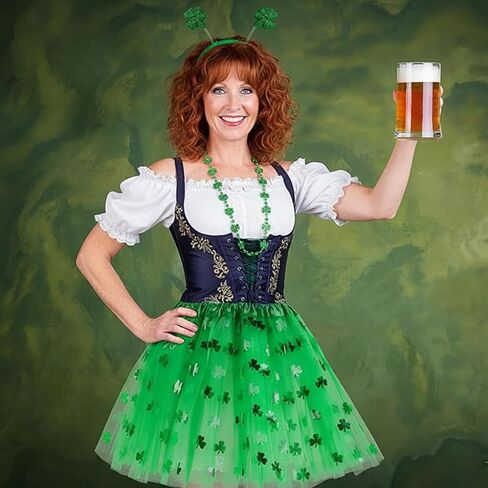 St Patricks Day Costume Set for Women,4 Pcs Leprechaun Outfit with Shamrock Headband,Sequin 3 Layered Tulle Tutu Skirt,Arm Warmer Gloves,Striped Socks&Clover Necklace - St. Patrick's Day Accessories in Saudi Arabia