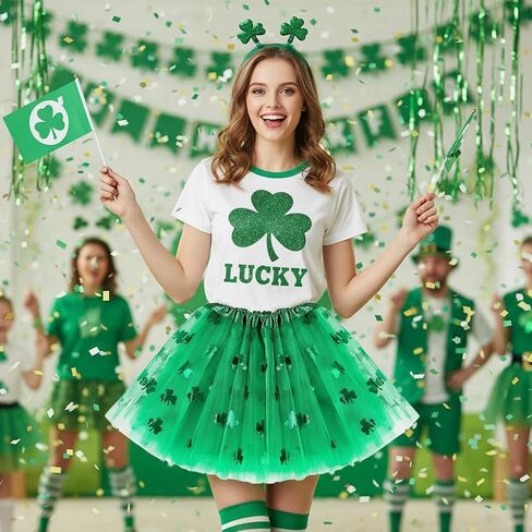 St Patricks Day Costume Set for Women,4 Pcs Leprechaun Outfit with Shamrock Headband,Sequin 3 Layered Tulle Tutu Skirt,Arm Warmer Gloves,Striped Socks&Clover Necklace - St. Patrick's Day Accessories in Saudi Arabia