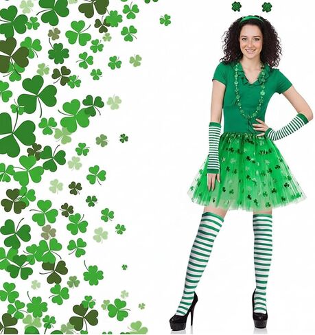St Patricks Day Costume Set for Women,4 Pcs Leprechaun Outfit with Shamrock Headband,Sequin 3 Layered Tulle Tutu Skirt,Arm Warmer Gloves,Striped Socks&Clover Necklace - St. Patrick's Day Accessories in Saudi Arabia
