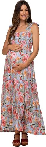 PinkBlush Light Floral Smocked Shoulder Tie Tiered Maternity Maxi Dress in Saudi Arabia