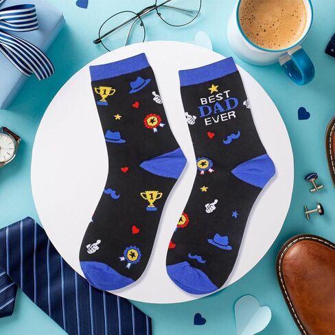 HOWAF Novelty Socks for Dad - Best Dad Ever Themed Crew Socks, Funny Father's Gifts from Daughter Son, Fits Men's Shoe Size 8-12, Father’s Day Sock for Daddy Stepdad Papa, Blue and Black in Kuwait