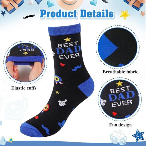 HOWAF Novelty Socks for Dad - Best Dad Ever Themed Crew Socks, Funny Father's Gifts from Daughter Son, Fits Men's Shoe Size 8-12, Father’s Day Sock for Daddy Stepdad Papa, Blue and Black in Kuwait