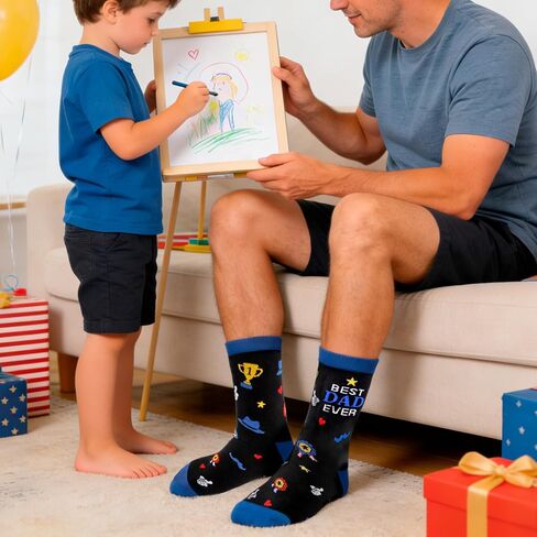 HOWAF Novelty Socks for Dad - Best Dad Ever Themed Crew Socks, Funny Father's Gifts from Daughter Son, Fits Men's Shoe Size 8-12, Father’s Day Sock for Daddy Stepdad Papa, Blue and Black in Kuwait