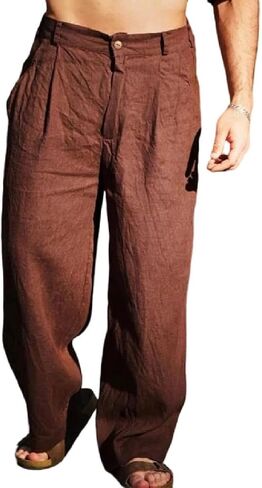 Men's Wide Leg Pants Pleated Baggy Cotton Linen Trousers Loose Fit Straight Leg Retro Casual Pants in Kuwait