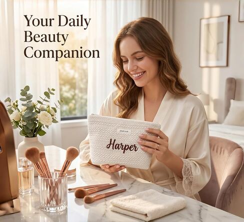 Personalized woven travel makeup bag, with extra-large capacity and thick inner lining, crafted with embroidery technique. It is convenient to carry and is a must-have bag for women on the go. in Saudi Arabia