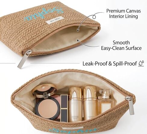 Personalized woven travel makeup bag, with extra-large capacity and thick inner lining, crafted with embroidery technique. It is convenient to carry and is a must-have bag for women on the go. in Saudi Arabia