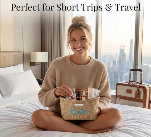 Personalized woven travel makeup bag, with extra-large capacity and thick inner lining, crafted with embroidery technique. It is convenient to carry and is a must-have bag for women on the go. in Saudi Arabia