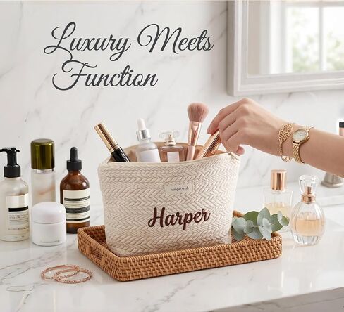 Personalized woven travel makeup bag, with extra-large capacity and thick inner lining, crafted with embroidery technique. It is convenient to carry and is a must-have bag for women on the go. in Saudi Arabia