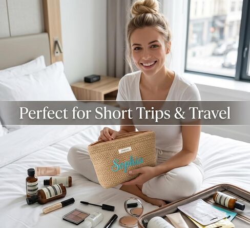 Personalized woven travel makeup bag, with extra-large capacity and thick inner lining, crafted with embroidery technique. It is convenient to carry and is a must-have bag for women on the go. in Saudi Arabia