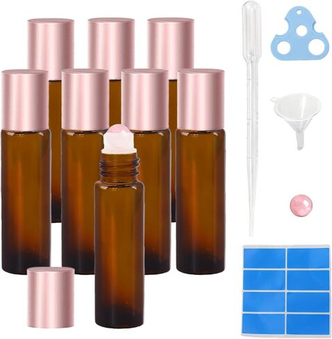 8 Pack Rose Quartz Roller Bottles for Essential Oils, 10ml Refillable Amber Glass Roll On Bottles with Natural Crystal Roller Balls, Leak-Proof Travel Perfume Bottle with Rose Gold Caps in Saudi Arabia