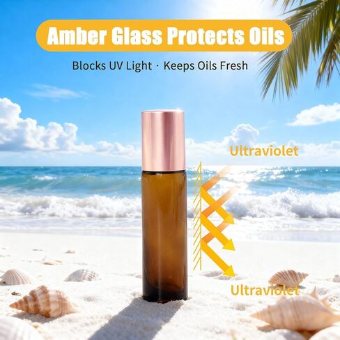 8 Pack Rose Quartz Roller Bottles for Essential Oils, 10ml Refillable Amber Glass Roll On Bottles with Natural Crystal Roller Balls, Leak-Proof Travel Perfume Bottle with Rose Gold Caps in Saudi Arabia