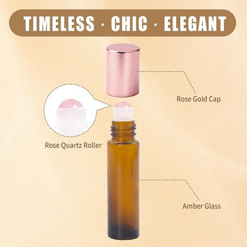 8 Pack Rose Quartz Roller Bottles for Essential Oils, 10ml Refillable Amber Glass Roll On Bottles with Natural Crystal Roller Balls, Leak-Proof Travel Perfume Bottle with Rose Gold Caps in Saudi Arabia
