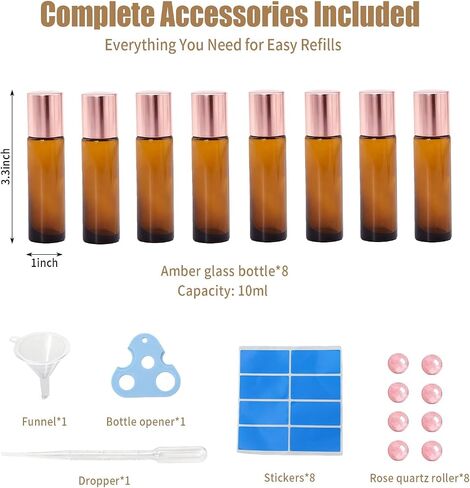 8 Pack Rose Quartz Roller Bottles for Essential Oils, 10ml Refillable Amber Glass Roll On Bottles with Natural Crystal Roller Balls, Leak-Proof Travel Perfume Bottle with Rose Gold Caps in Saudi Arabia