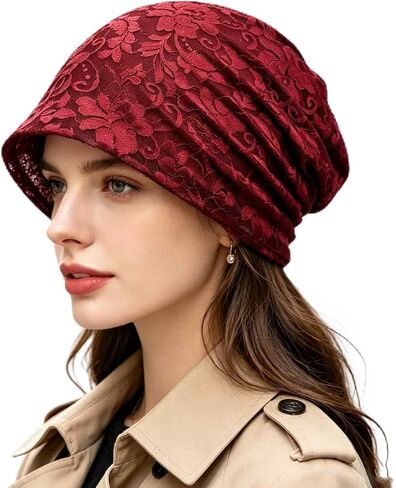 Women's Lace Beanie Hat, Stretchy Nylon Turban Cap, Breathable Lightweight Headwear for Daily Wear in Saudi Arabia