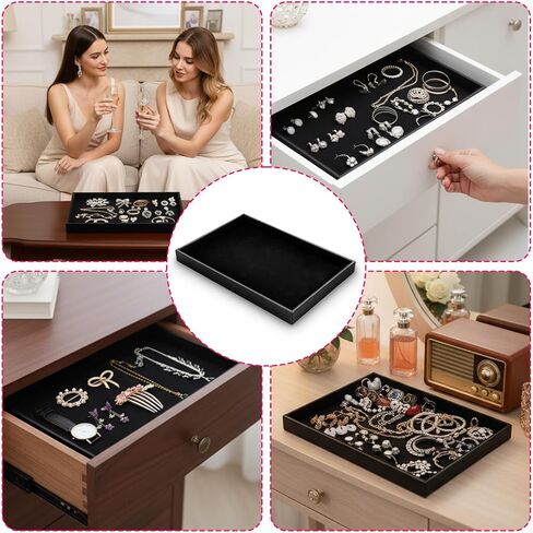 6 Pcs Velvet Stackable Jewelry Organizer Trays Showcase Display Tray Bracelet Ring Earring Necklace Organizer Empty Plate for Drawers Countertop (Black) in Saudi Arabia