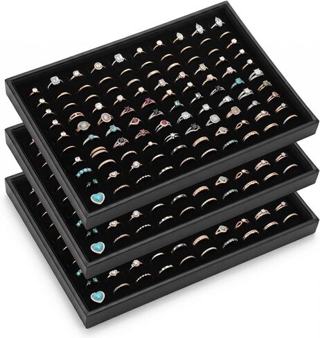 Professional 100-Slot Ring Tray, 3-Piece Stackable Jewelry Display for Vendors - Velvet Lined Organizer with Removable Pads for Earrings & Cufflinks, Black (13.8" x 9.4" x 1.4") in Saudi Arabia