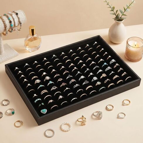 Professional 100-Slot Ring Tray, 3-Piece Stackable Jewelry Display for Vendors - Velvet Lined Organizer with Removable Pads for Earrings & Cufflinks, Black (13.8" x 9.4" x 1.4") in Saudi Arabia