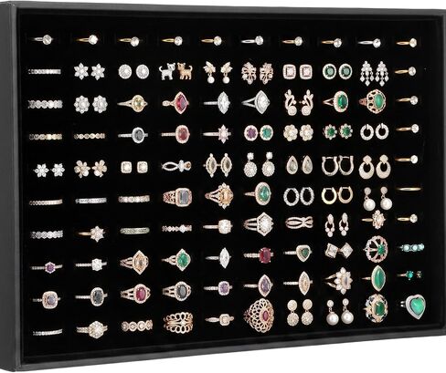 Professional 100-Slot Ring Tray, 3-Piece Stackable Jewelry Display for Vendors - Velvet Lined Organizer with Removable Pads for Earrings & Cufflinks, Black (13.8" x 9.4" x 1.4") in Saudi Arabia