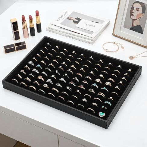Professional 100-Slot Ring Tray, 3-Piece Stackable Jewelry Display for Vendors - Velvet Lined Organizer with Removable Pads for Earrings & Cufflinks, Black (13.8" x 9.4" x 1.4") in Saudi Arabia