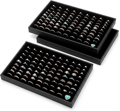 Professional 100-Slot Ring Tray, 3-Piece Stackable Jewelry Display for Vendors - Velvet Lined Organizer with Removable Pads for Earrings & Cufflinks, Black (13.8" x 9.4" x 1.4") in Saudi Arabia