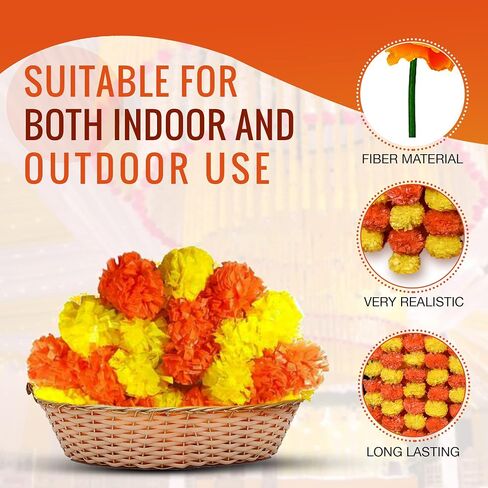 DIYANA IMPEX Marigold Garland for Decoration 5 Pcs of 5 feet Long Strands Artificial Marigold Flowers, Indian Décor for Pooja, Wedding Christmas, Events Decorations in Saudi Arabia