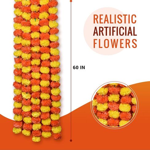 DIYANA IMPEX Marigold Garland for Decoration 5 Pcs of 5 feet Long Strands Artificial Marigold Flowers, Indian Décor for Pooja, Wedding Christmas, Events Decorations in Saudi Arabia