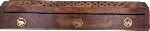 Handmade Wooden Incense Burner Carved Premium Quality Sheesham Wood Box | with Elephant Brass Inlays | Hidden Storage Compartment | 12" x 2" x 2.5" Dimensions | for Cones & Sticks in Saudi Arabia