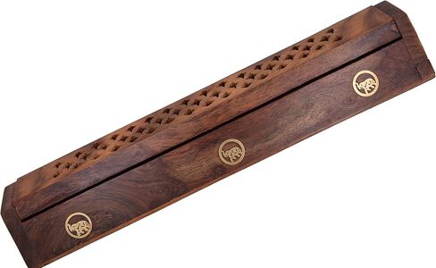 Handmade Wooden Incense Burner Carved Premium Quality Sheesham Wood Box | with Elephant Brass Inlays | Hidden Storage Compartment | 12" x 2" x 2.5" Dimensions | for Cones & Sticks in Saudi Arabia