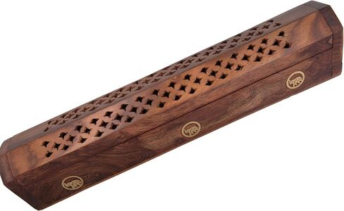 Handmade Wooden Incense Burner Carved Premium Quality Sheesham Wood Box | with Elephant Brass Inlays | Hidden Storage Compartment | 12" x 2" x 2.5" Dimensions | for Cones & Sticks in Saudi Arabia