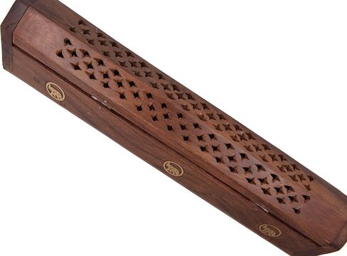 Handmade Wooden Incense Burner Carved Premium Quality Sheesham Wood Box | with Elephant Brass Inlays | Hidden Storage Compartment | 12" x 2" x 2.5" Dimensions | for Cones & Sticks in Saudi Arabia