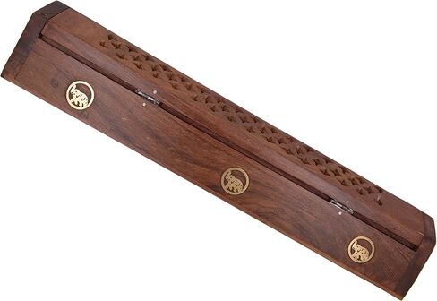 Handmade Wooden Incense Burner Carved Premium Quality Sheesham Wood Box | with Elephant Brass Inlays | Hidden Storage Compartment | 12" x 2" x 2.5" Dimensions | for Cones & Sticks in Saudi Arabia