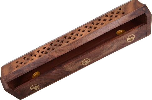 Handmade Wooden Incense Burner Carved Premium Quality Sheesham Wood Box | with Elephant Brass Inlays | Hidden Storage Compartment | 12" x 2" x 2.5" Dimensions | for Cones & Sticks in Saudi Arabia