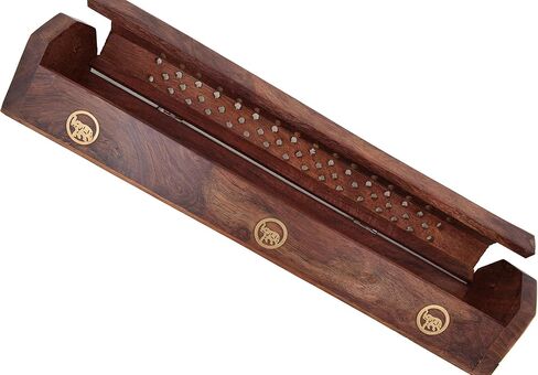 Handmade Wooden Incense Burner Carved Premium Quality Sheesham Wood Box | with Elephant Brass Inlays | Hidden Storage Compartment | 12" x 2" x 2.5" Dimensions | for Cones & Sticks in Saudi Arabia