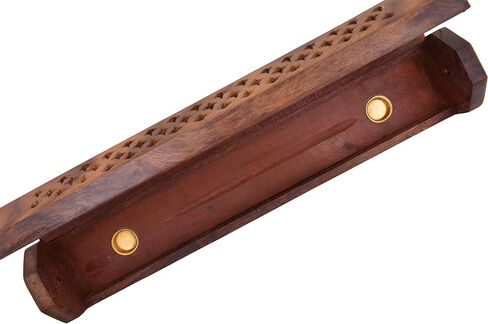 Handmade Wooden Incense Burner Carved Premium Quality Sheesham Wood Box | with Elephant Brass Inlays | Hidden Storage Compartment | 12" x 2" x 2.5" Dimensions | for Cones & Sticks in Saudi Arabia