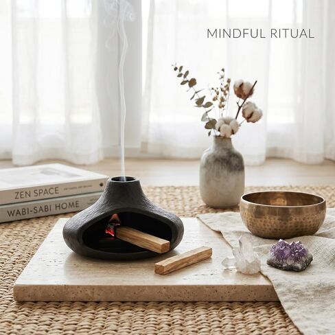 Matte Black Palo Santo Holder with Chimney Design, Ceramic Incense Burner with Ash Catcher, Mess-Free for Smudging, Meditation & Relaxation, Volcano Style Aesthetic Home Decor Gift in Saudi Arabia
