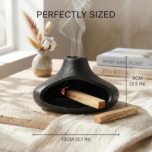 Matte Black Palo Santo Holder with Chimney Design, Ceramic Incense Burner with Ash Catcher, Mess-Free for Smudging, Meditation & Relaxation, Volcano Style Aesthetic Home Decor Gift in Saudi Arabia