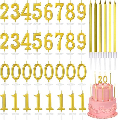 38PCS Number Birthday Candles Digital Gold Long Thin Metal Birthday Candles Golden Cake with Numbers 0-9 Cake Decoration for Anniversary Party Wedding Party Celebration Event in Saudi Arabia