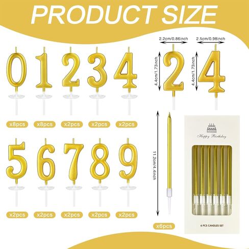 38PCS Number Birthday Candles Digital Gold Long Thin Metal Birthday Candles Golden Cake with Numbers 0-9 Cake Decoration for Anniversary Party Wedding Party Celebration Event in Saudi Arabia