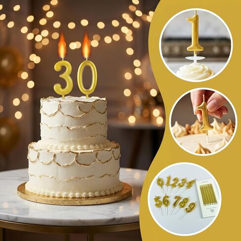 38PCS Number Birthday Candles Digital Gold Long Thin Metal Birthday Candles Golden Cake with Numbers 0-9 Cake Decoration for Anniversary Party Wedding Party Celebration Event in Saudi Arabia